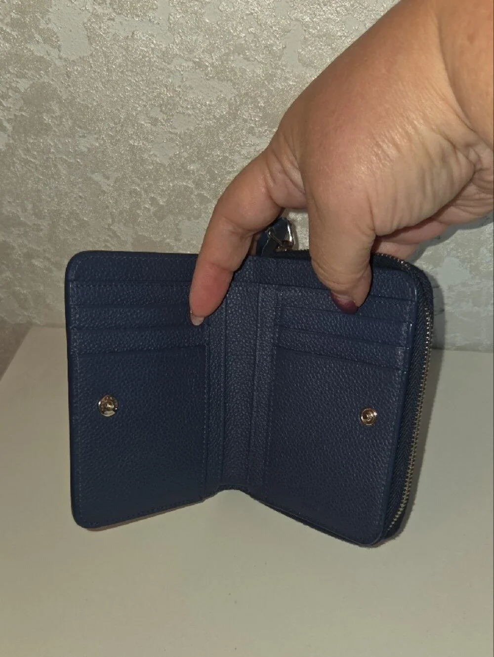 Saint Laurent Navy Pebbled Zip Wallet with Gold Logo Tag